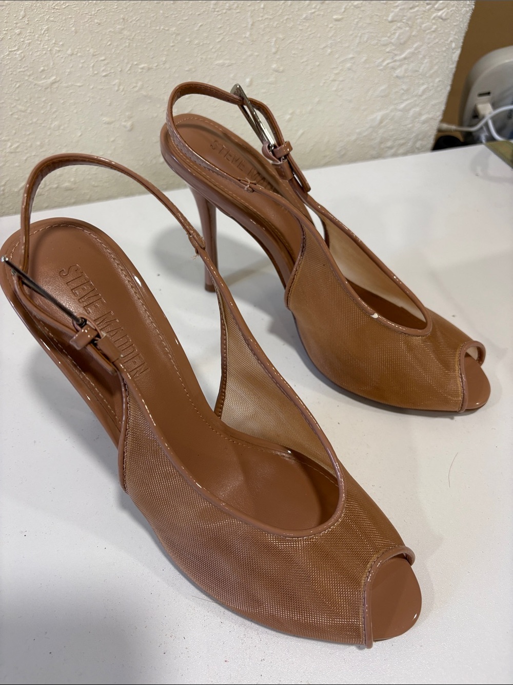 Steve Madden Prescott Tan Peep-Toe Slingback Heels
